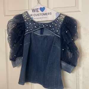 Denim Top with Tulle Sleeves and Pearl Accents